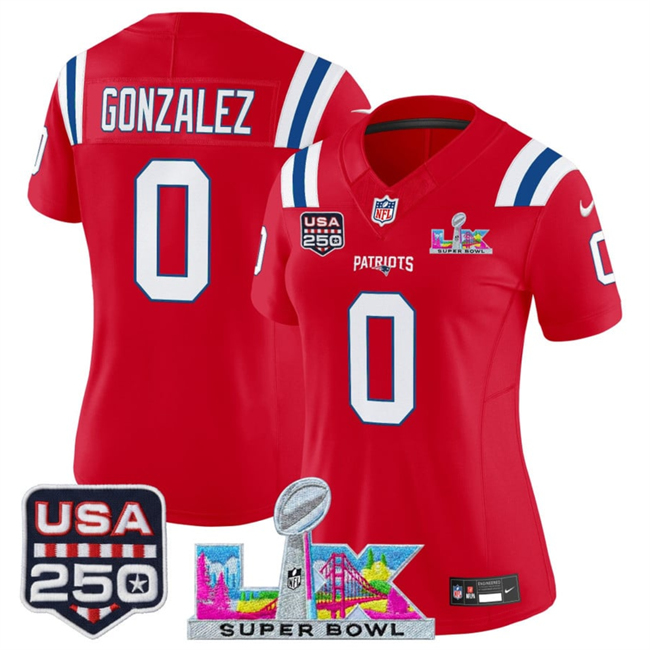 Women's New England Patriots #0 Christian Gonzalez Red 2025 F.U.S.E. Super Bowl LX Patch And USA 250' Patch Vapor Limited Football Stitched Jersey(Run Small)